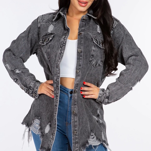 Jackets & Blazers - Gray Distressed Denim Shirt Jacket w/ Distressed Hem